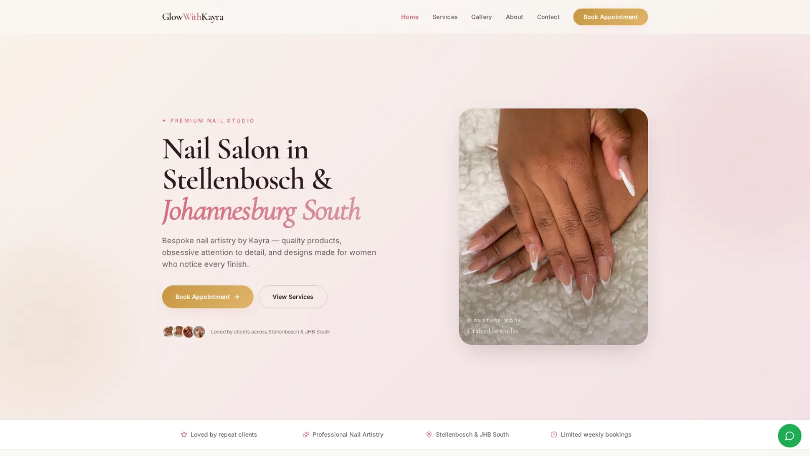 GlowWithKayra home page with the Book Appointment button